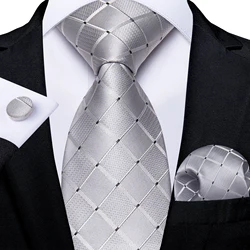 2023 Novo Sliver Cinza Xadrez Listrado Gravatas De Seda para Homens 150cm Negócio Casamento Pescoço Gravata Bolso Abotoaduras Quadradas Acessórios Do Partido