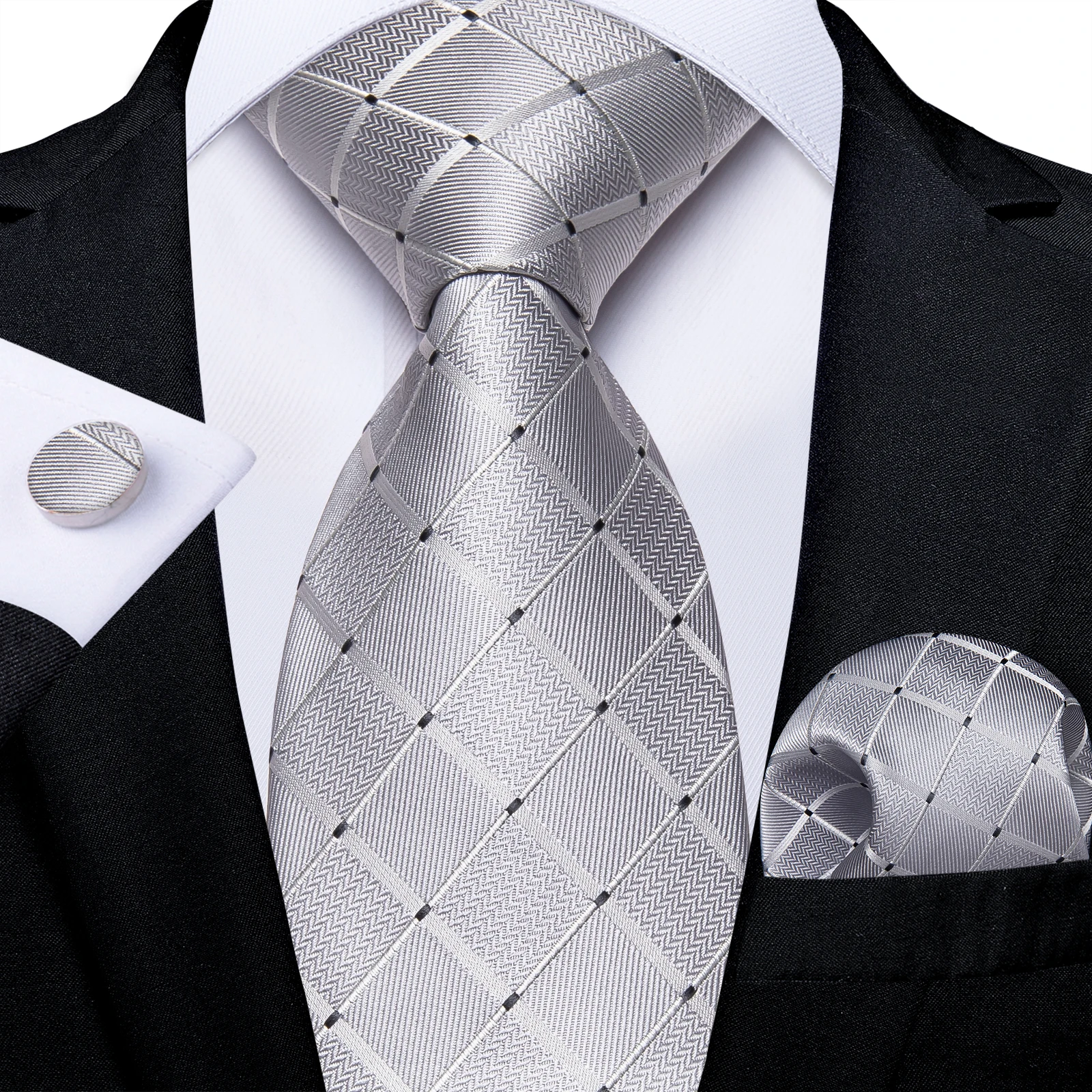 2023 New Sliver Grey Plaid Striped Silk Ties for Men 150cm Business Wedding Neck Tie Pocket Square Cufflinks Party Accessories