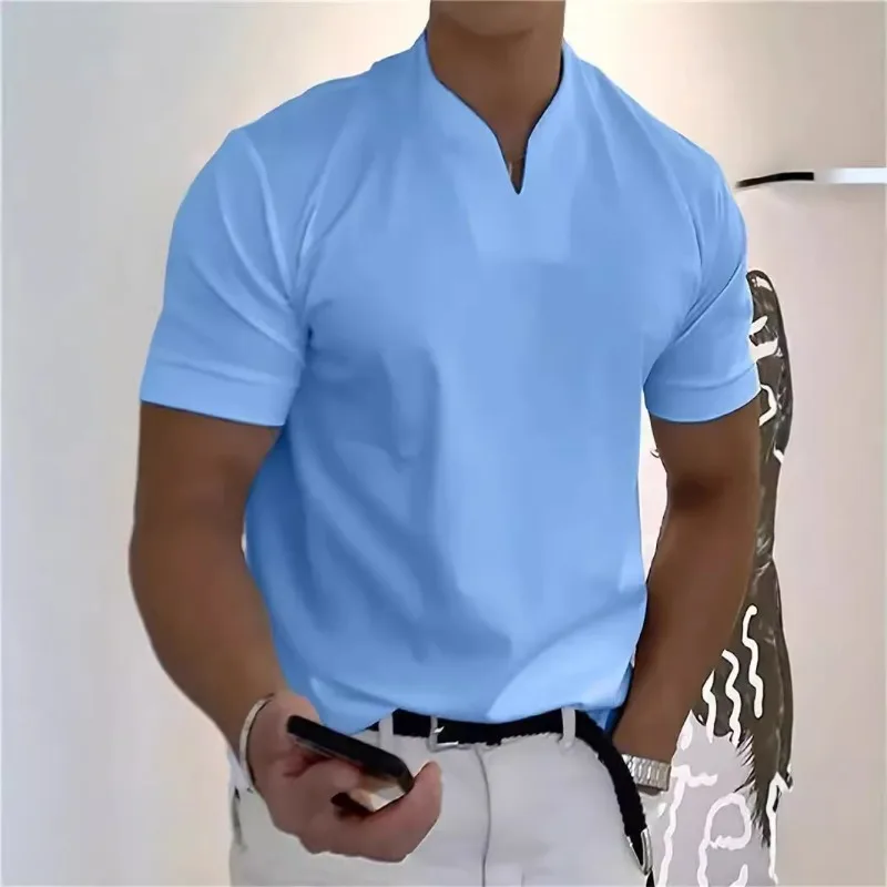 Men Solid Notch V Neck Stretch Cotton Short Sleeve Fitness T Shirt