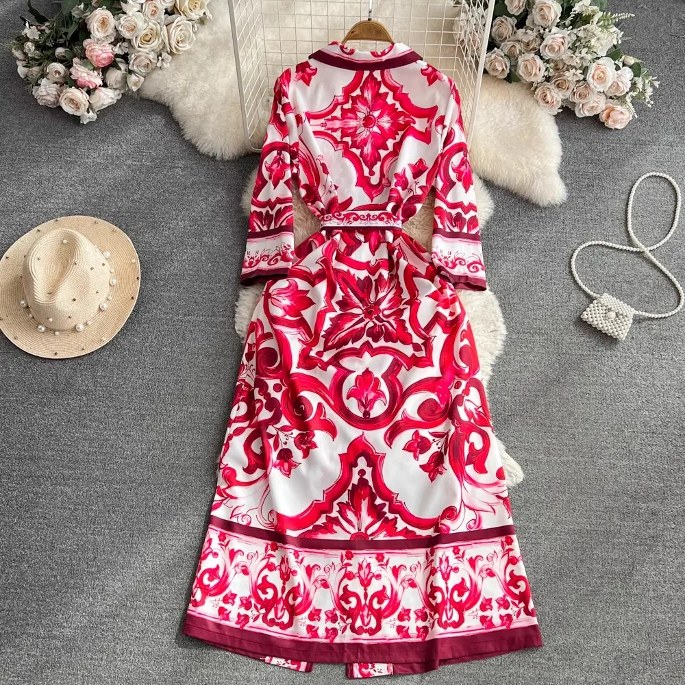 JAMERARY Autumn Fashion Red Blue And White Porcelain Print Long Dress Women Notched Single Breasted Laces Pocket Loose Vestidos