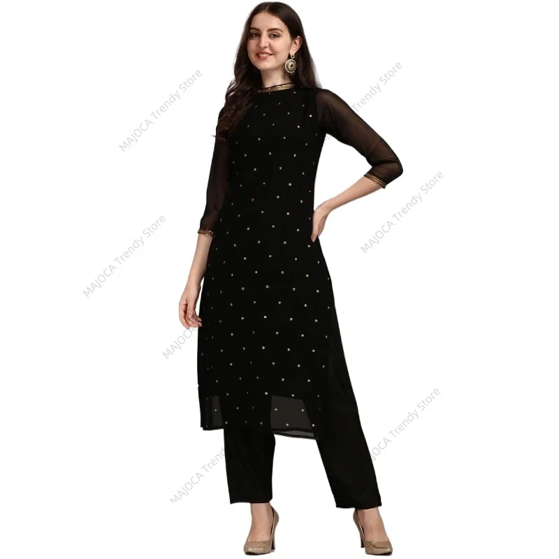 

Indian Georgette Kurti 2PCS Set Women Embroidered Black Slim Long Tunic Dress Sheer Sleeve South Asian Ethnic Clothing Pants