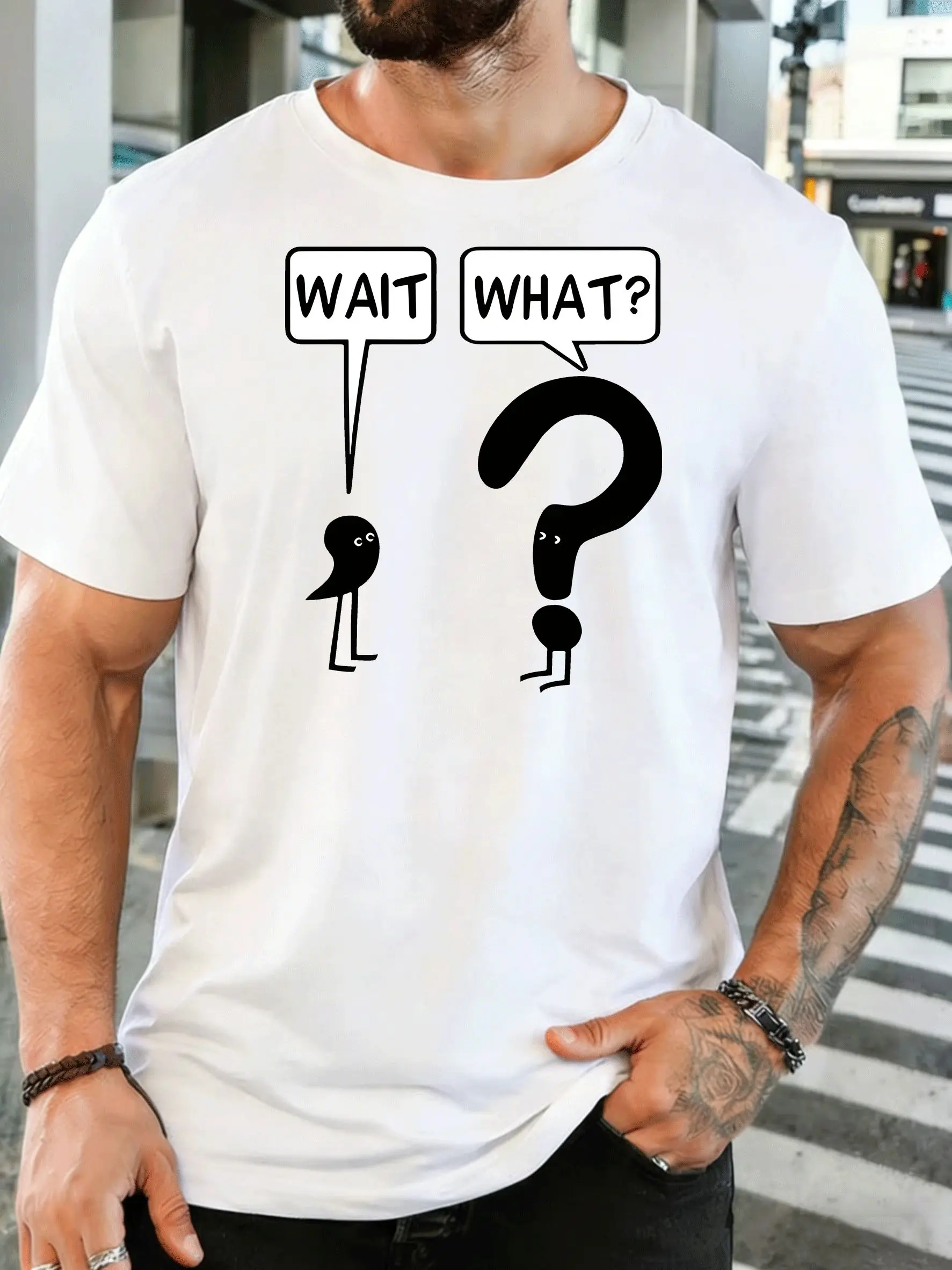 Funny Wait What Stick Figure Mens Front Print T Shirt Question Mark Cartoon Graphic Tee Casual Short Sleeve Top Humor Lover Gift