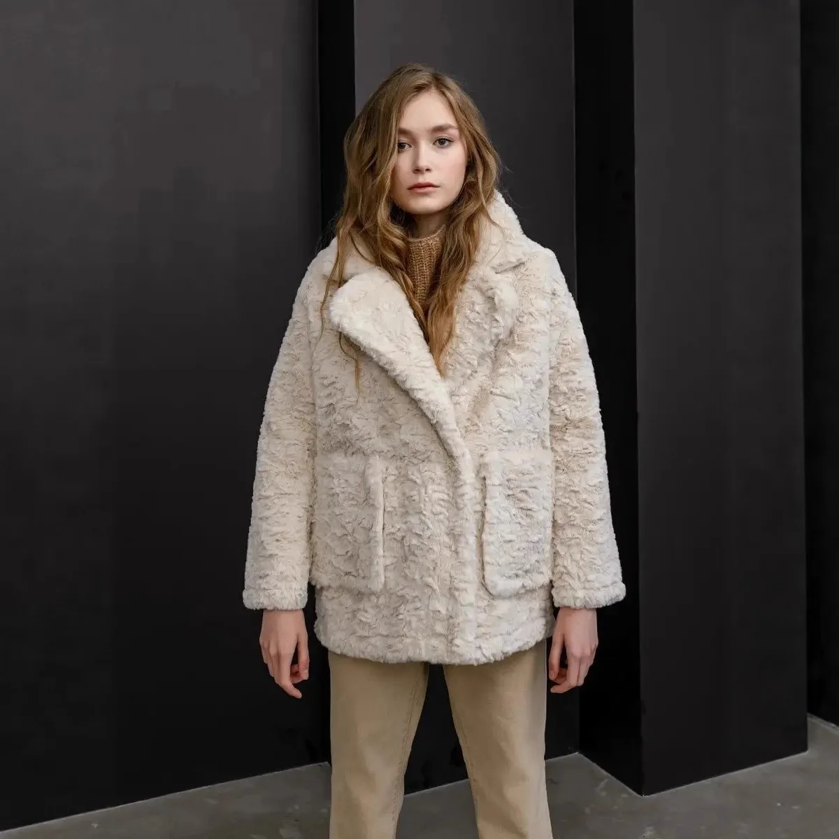 Faux Rabbit Fur Women Coats Solid Overcoats Long Sleeves Turn Down Collar Single Breasted Thick Loose Casual Autumn Winter 2025