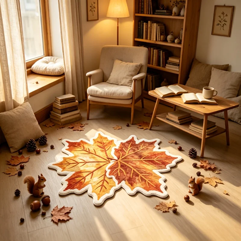 Alfombra de felpa VIKAMA Maple Leaf, antideslizante, suave, lavable, estilo nórdico, para dormitorio y sala de estar.