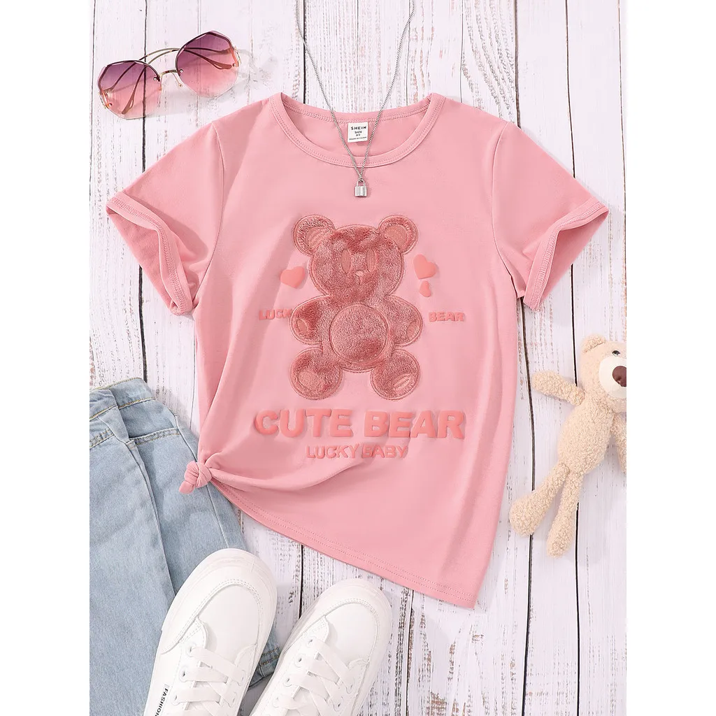 Teens Tshirt Kids Girls Clothes Short Sleeve 8 9 10 11 12 Years Summer Casual Fashion Spuer Cute  Children Pink Cute Bear Top