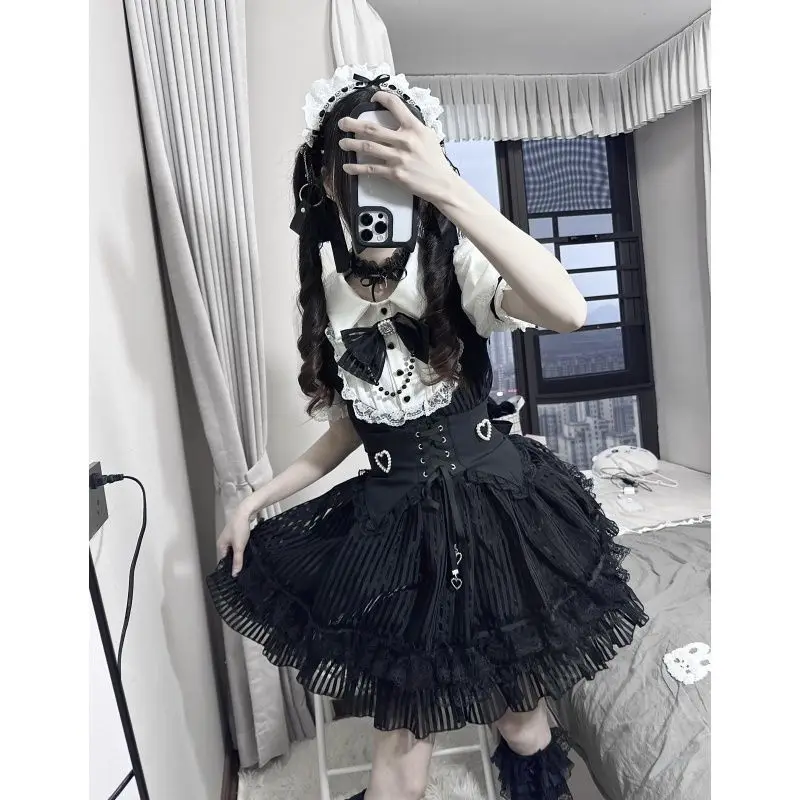 GothicLolita Skirt Set Women Black Lace Ruffled High Waist Corset Top Skirt Suit Vintage Elegant French Style Maid Outfit Summer
