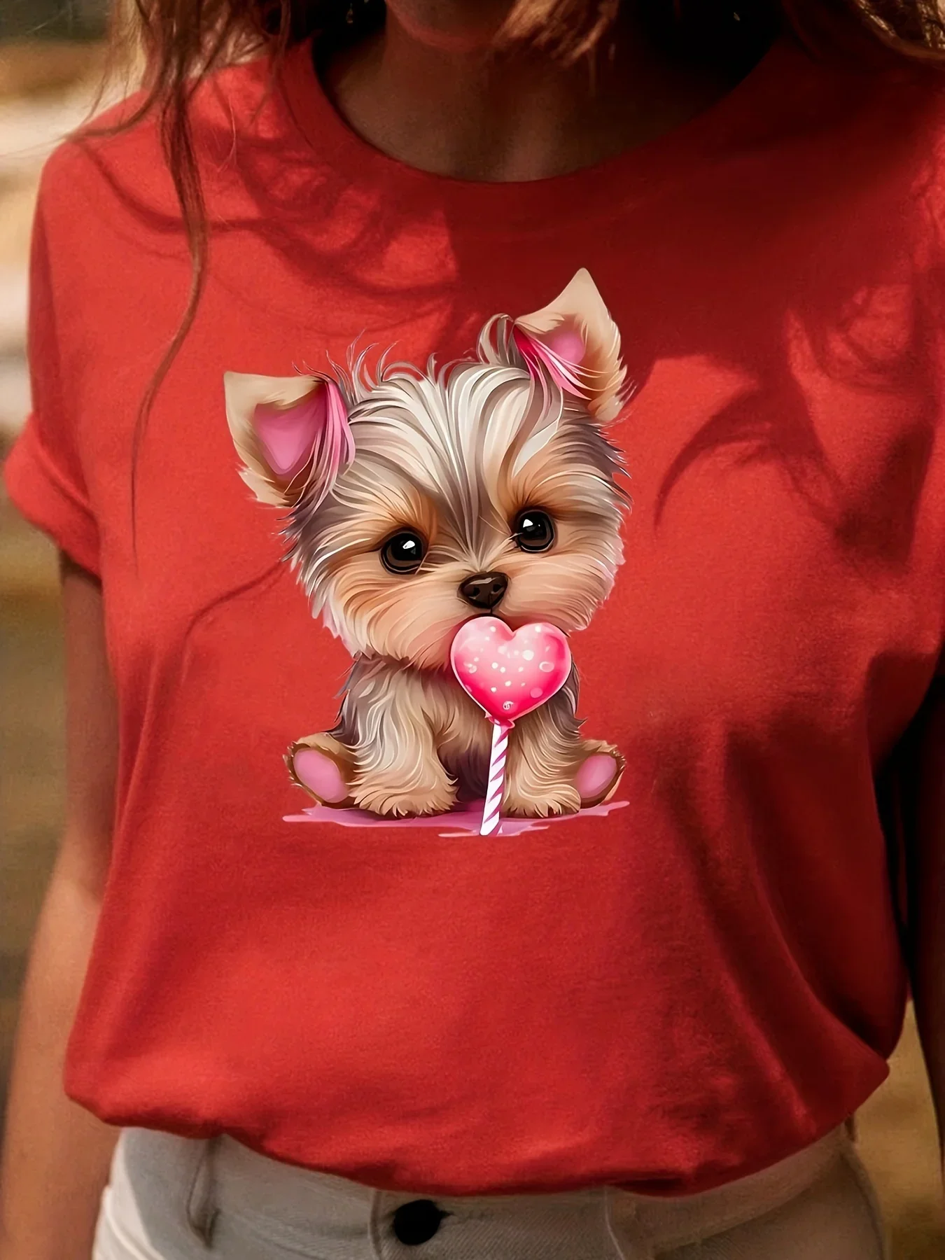 2024 Hot selling Puppy Print round neck T-shirt Spring/Summer casual short sleeved top Women\'s clothing