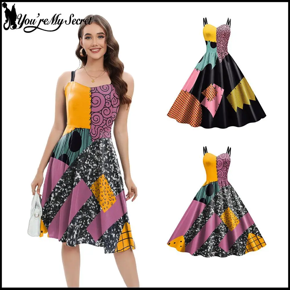 

[You're My Secret] Halloween Nightmare Christmas Sally Dress Spaghetti Strap Women's Sexy A Line Dresses Lady Patchwork Vestidos