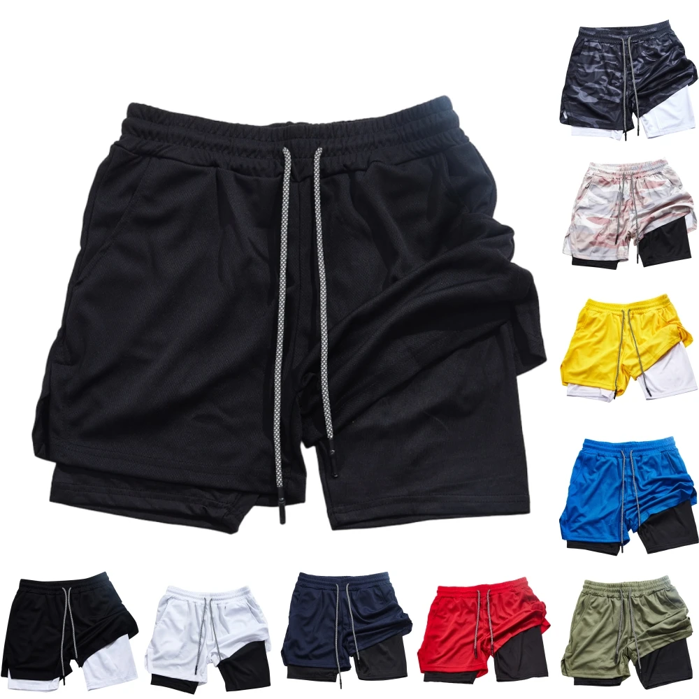 

Мужские спортивные шорты 2-в-1, двухслойные быстросохнущие спортивные шорты для бега и тренировок с карманом