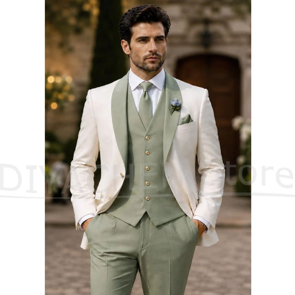 Fashion Men 3 Piece Suit Shawl Lapel Blazer Vest Pants Luxury Stylish Slim Fit Wedding Groom Prom Party Elegant Tuxedo 2026