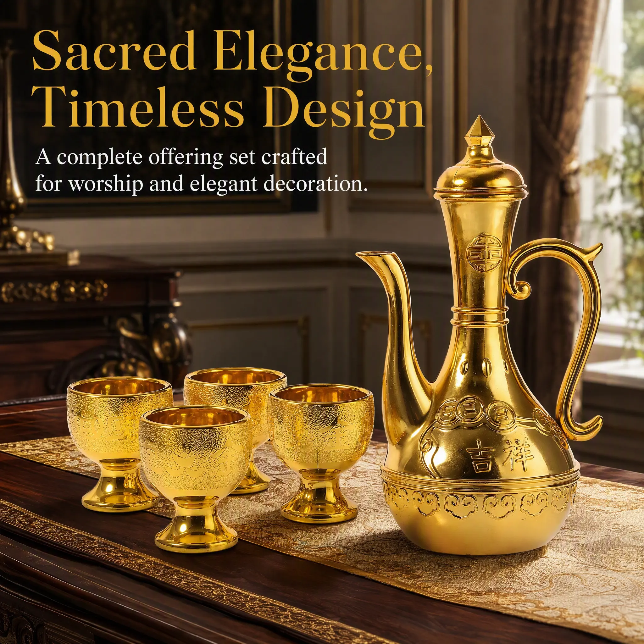 1Set Traditional Buddhist Offering Cup Set with Exquisite Kettle for Buddha Hall Worship Decorative Goblet Retro Temple Cup