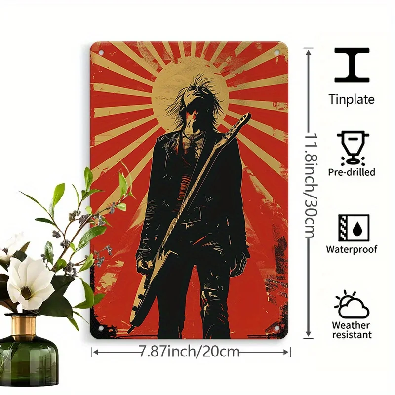 Rock Guitarist & Blood Moon Iron Metal Sign - , Vintage Wall Art with Sunburst Design, Perfect for Home, Office,