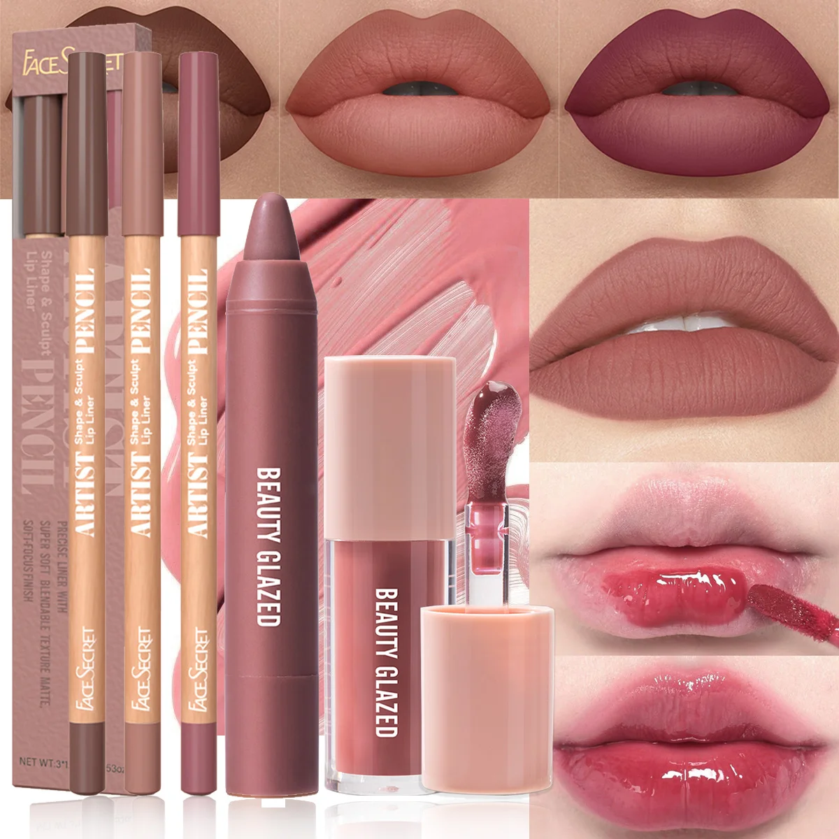 5 pezzi/set di matite per labbra in velluto opaco (confezione da 3) + rossetto + smalto per labbra nudo impermeabile a lunga durata, altamente saturo, aspetto quotidiano