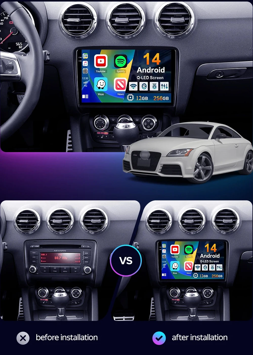 For Audi TT 2 8J 2006 - 2014 2K 12+256 QLED Android 16 CarPlay Car Radio Multimedia Video Player GPS stereo Head Unit 4G WIFI