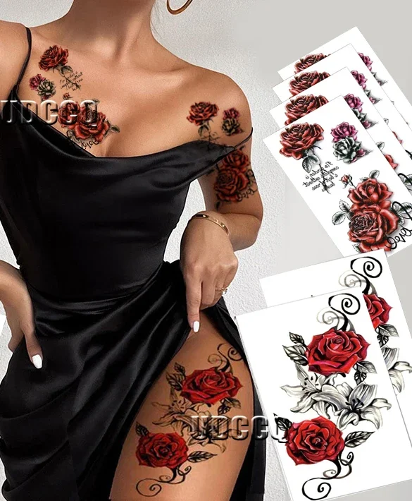 

6 шт. красные временные татуировки с цветком розы на руку и ногу, сексуальный дизайн для зачистки груди и бедра, водонепроницаемые, идеально подходят для женщин