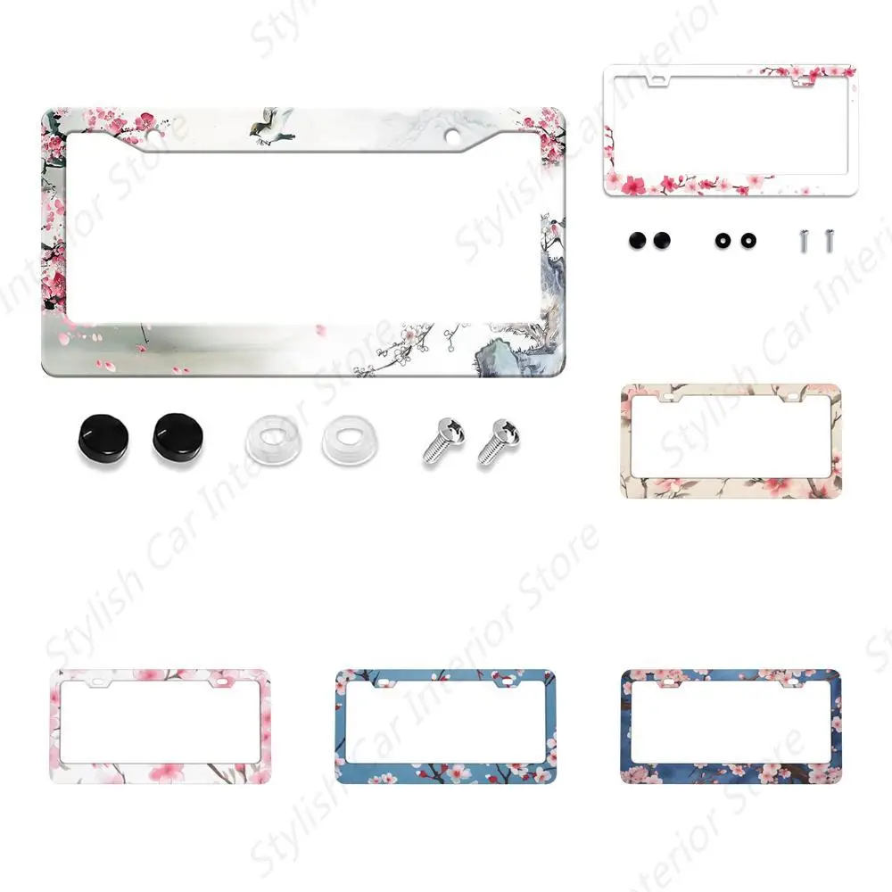 Watercolor Cherry Blossom License Plate Frame, Sakura Flower Metal License Plate Cover Holder with 2 Holes Fits US Standard