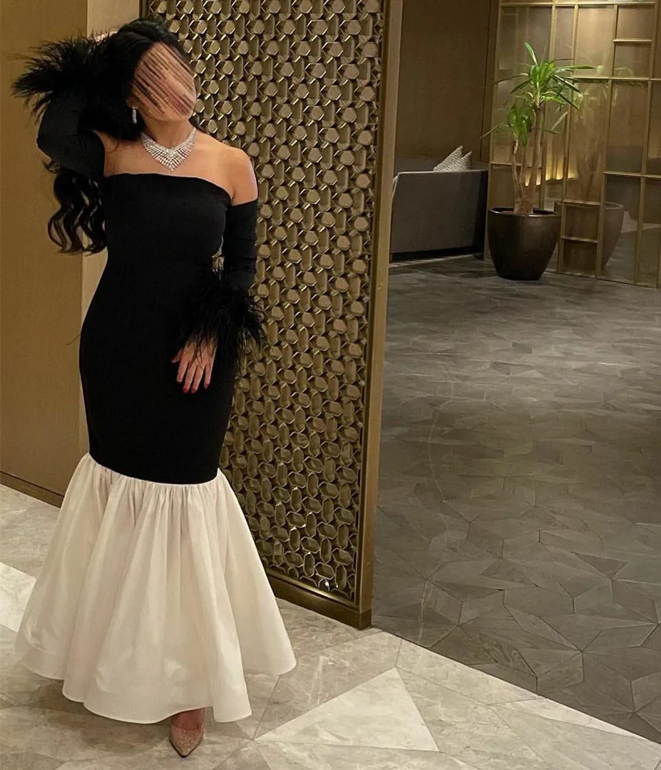 Long Sleeve Off Shoulder Evening Dresses With Feathers فساتين السهرة Mermaid Floor Length Prom Dress Robe de soirée for Women