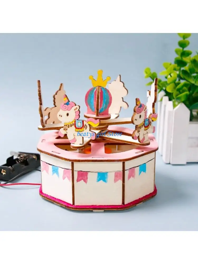 C7AB Interactive Assembly Wooden Carousel Toy With Electric Motor For Kids Educational Science Hands On Learning Project
