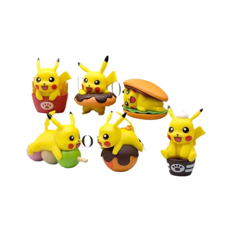 6Pcs Anime Pokemon Figure Food Theme Series Burger Fries Donuts Pikachu Model Toys Doll Gifts Aciton Figure PVC