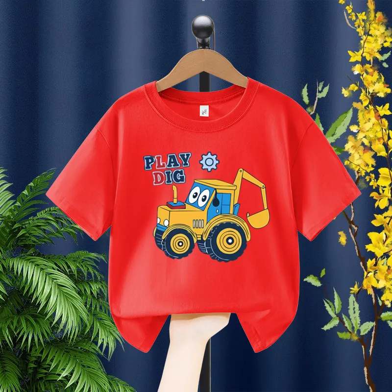 boys' short-sleeved T-shirt (2026 model), featuring an excavator-themed cartoon print; suitable as a casual summer top for child