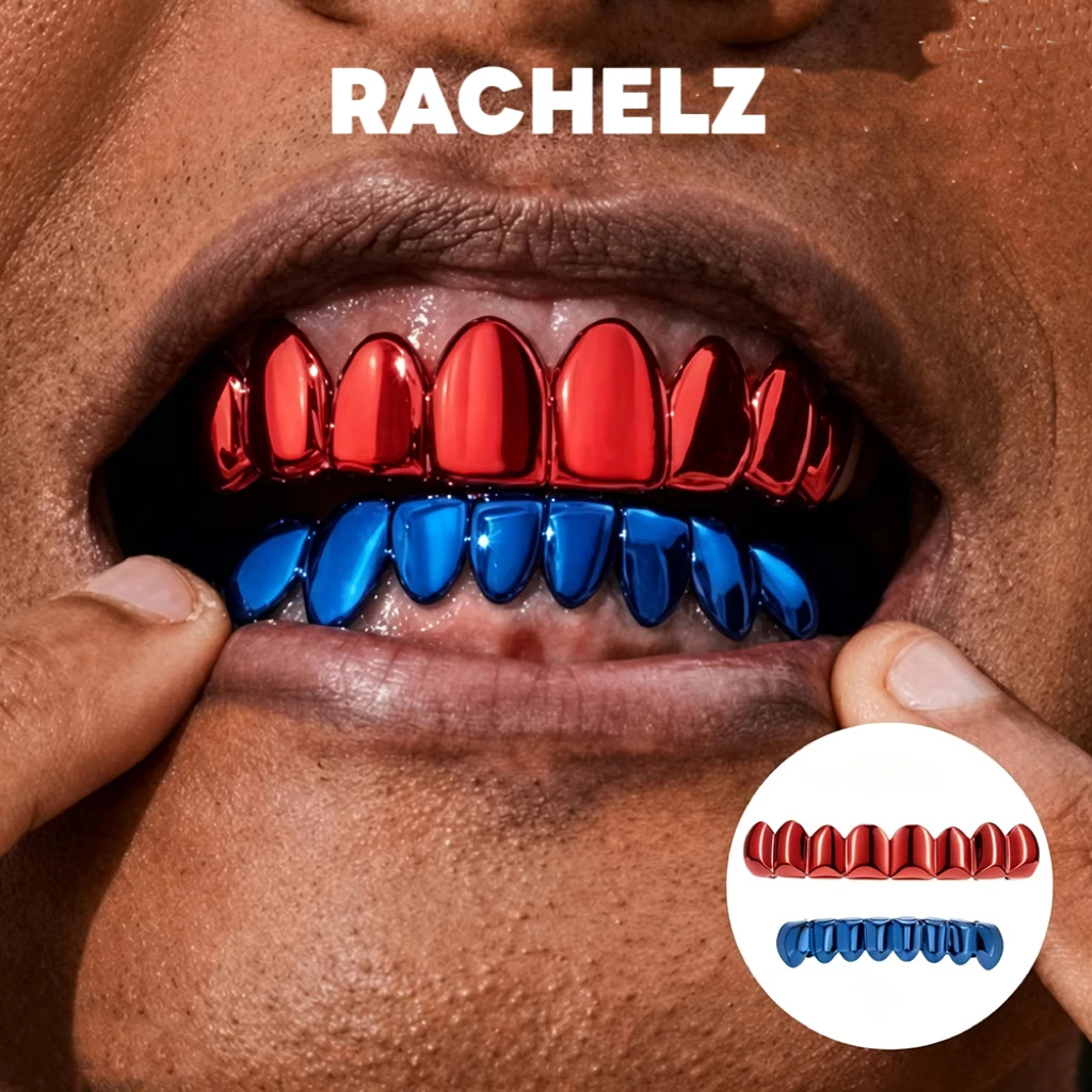 RACHELZ DIY Mix Match 8/8 Gold Silver Red Blue Black Color Teeth Grillz Hip Hop Smooth Tooth Caps For Women Men Jewelry Gift
