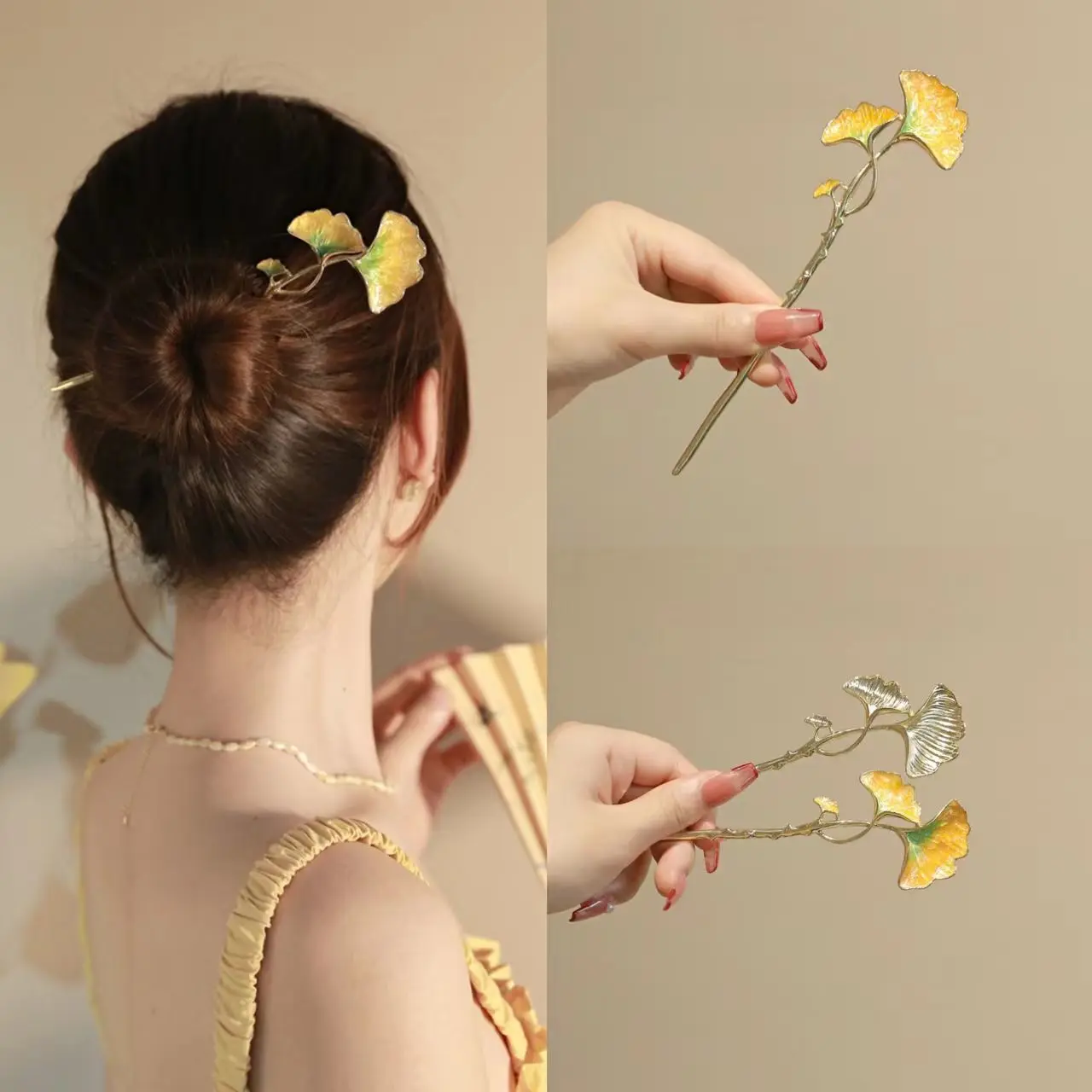 Nueva Horquilla con Diseño de Hoja de Ginkgo Estilo Chino para Mujer, Diseño Exclusivo con Sensación de Alta Gama, Accesorio para el Cabello para Cheongsam y Hanfu