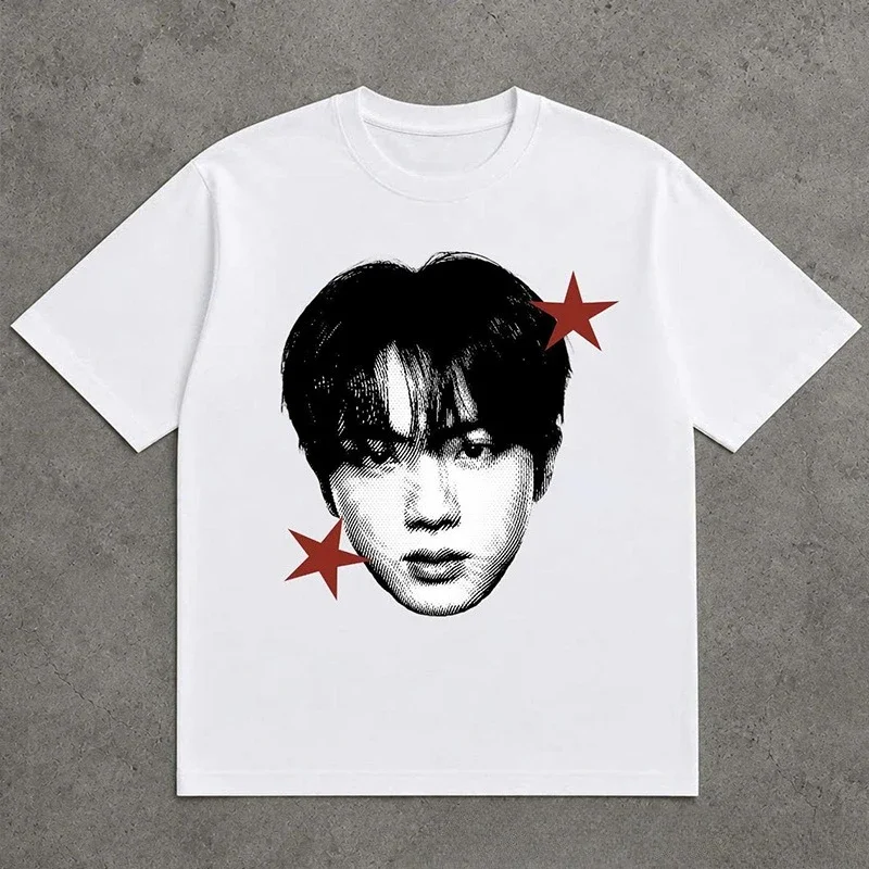 Neutral portrait pattern printed street top Kpop concert fan trend street music festival T-shirt Y2k