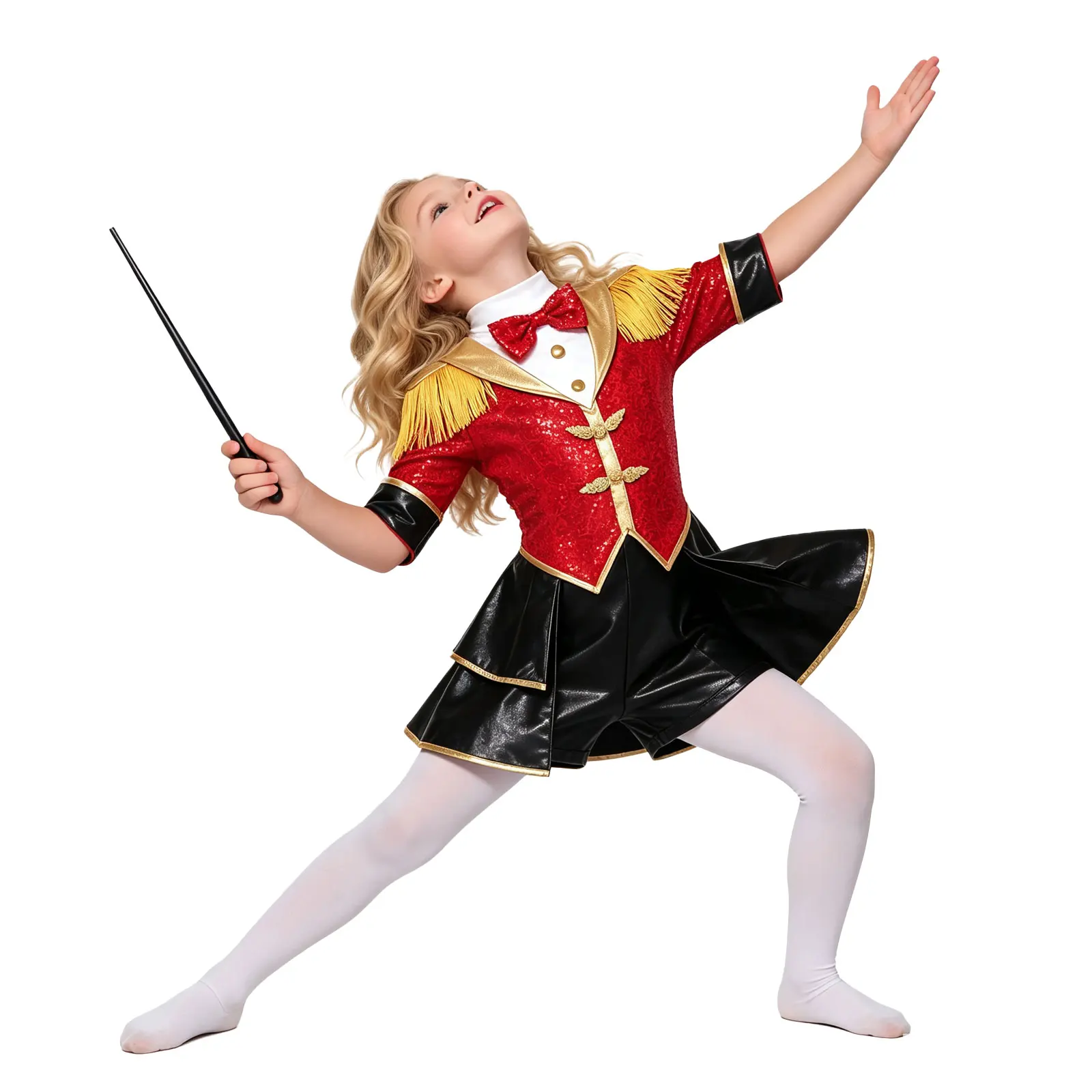 Girls Circus Ringmaster Costumes Half Sleeve Fringe Shoulder Sequins Jumpsuit Skirted Leotard Bodysuit Dress Carnival Dancewear
