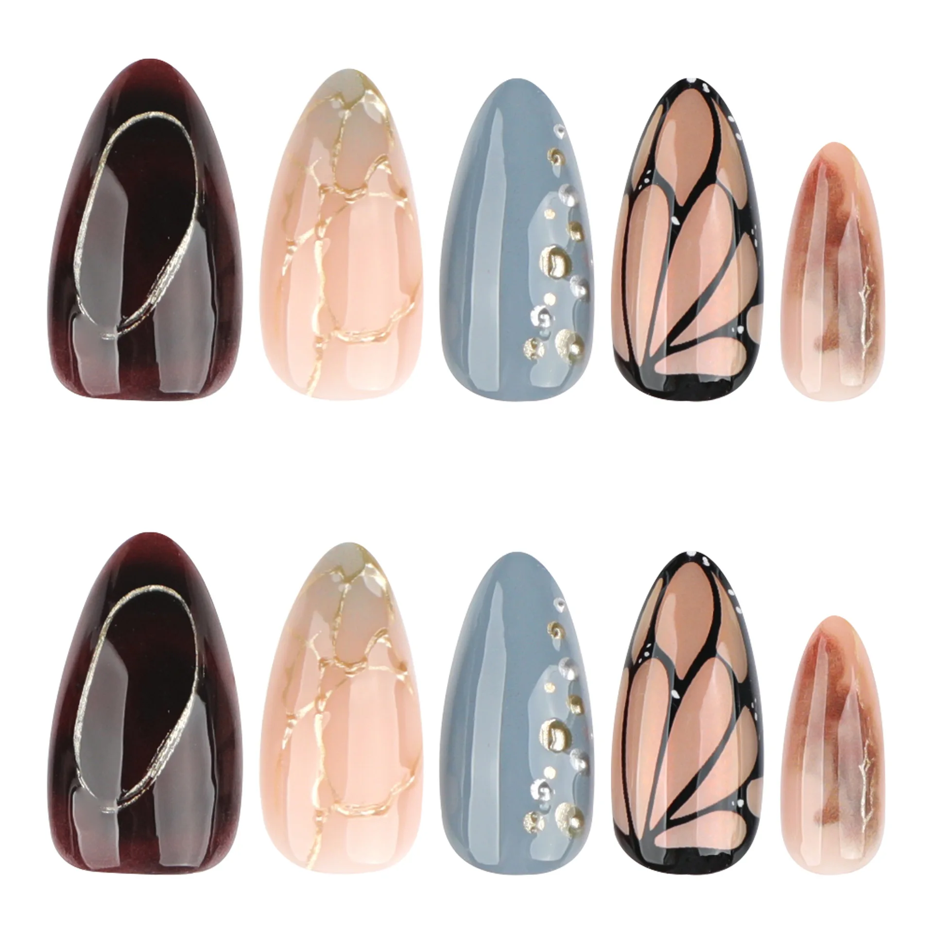 24個入り アーモンド型 付け爪 グリッター バタフライ グロッシーブルー フレンチ ゴールデン柄 フェイクネイル 女性用 取り外し可能 付け爪チップ