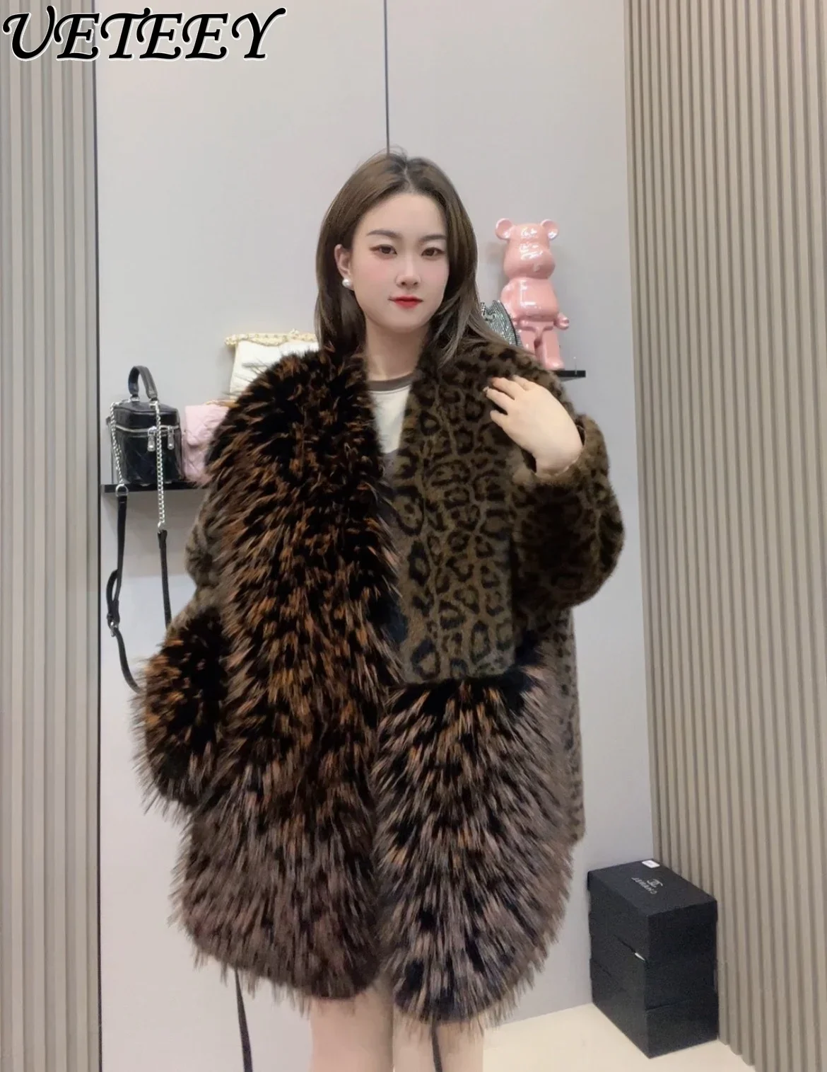 Autumn Winter New Sexy Fashion Fluffy Jacket Temperament Girls Versatile Leopard Print Straps Foreign Loose Imitation Fur Coat