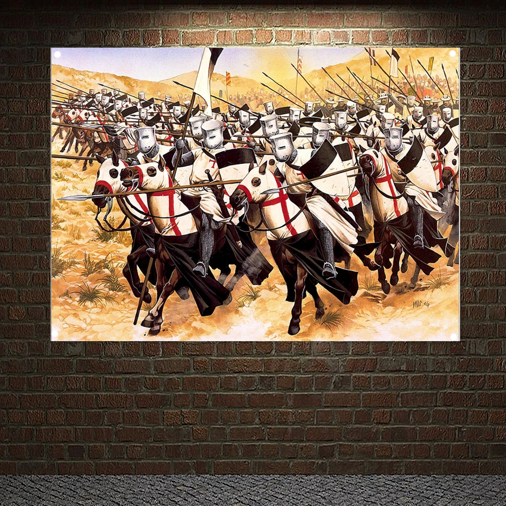 Ancient Military Posters Templar Knight On Horse Banners Retro Print Art Crusader Flags Canvas Painting Wall Hanging Home Decor