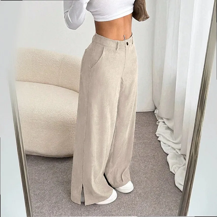 Corduroy Mid Rise Split Straight Leg Pants,Corduroy Trousers Spring Summer Casual Loose Floor Length Pants