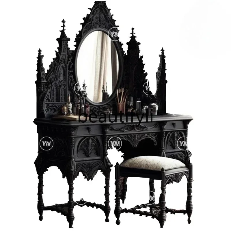Court black retro bedroom solid wood dresser French castle handmade dresser set