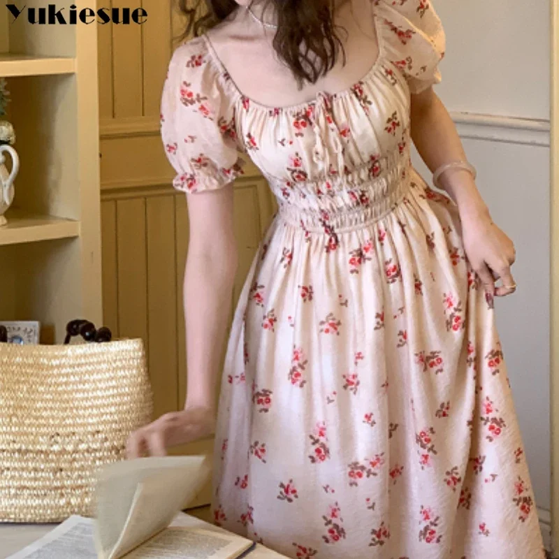 Summer Casual Print Short Sleeve Square Neck Floral Corset Long Dresses Vestidos Fashion Vintage Womens Sweet Lace-up Boho Dress