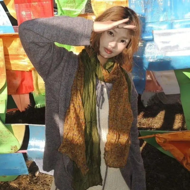 الأزهار الربط الألوان التجاعيد وشاح طويل قطاع وشاح للمرأة رقيقة واقية من الشمس الحجاب طباعة مطوي شال وشاح في الهواء الطلق #3