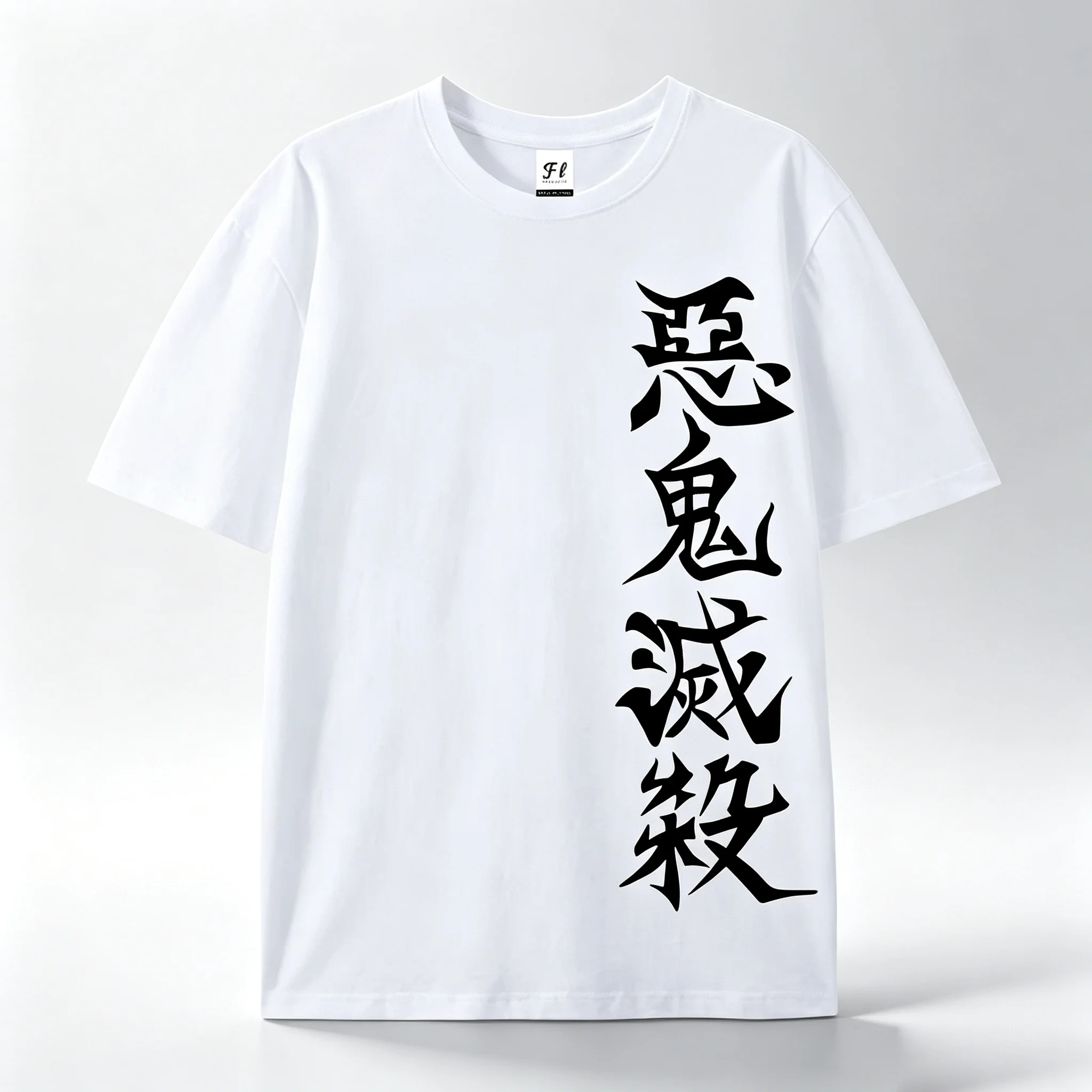 Women Japanese Kanji Graphic T‑Shirt Black Vertical Print Crew Neck Short Sleeve Tee Streetwear Loose Casual Summer Tops For Lad