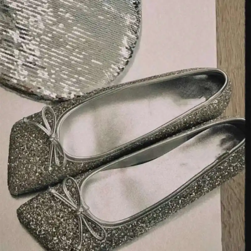 

Женская обувь Мэри Джейн, новые летние туфли с серебряными блестками и бантом, балетки на плоской подошве Asaguchi