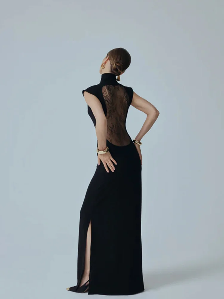 Solid Sleeveless Artistic Hollow Out Sheer Turtleneck Long Dresses Elegant Slim Soft Slit Causal Gentle Dark Designed For Ladies