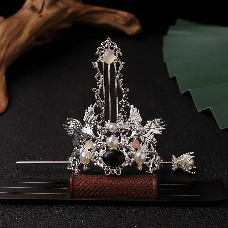 تاج شعر صيني مزدوج الرافعات مع زخرفة شعر عتيقة بشريط أسود