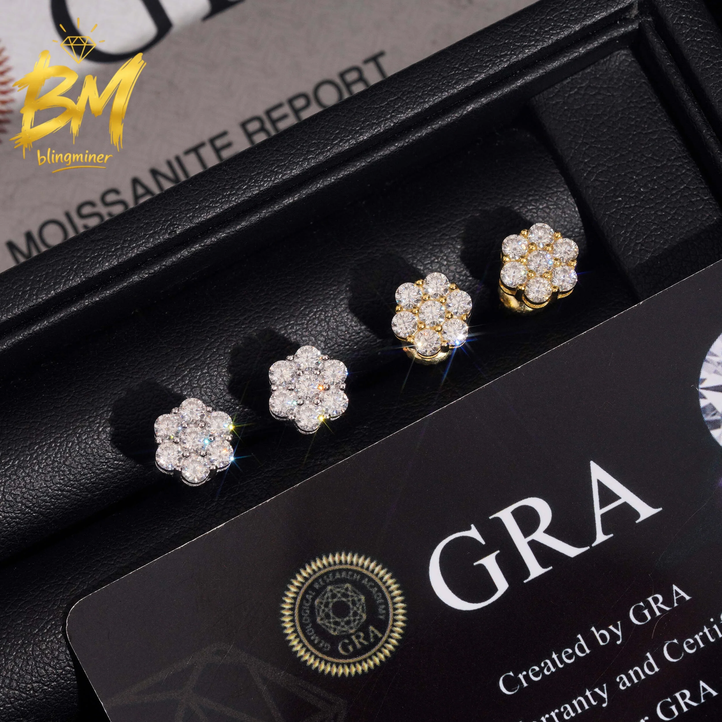 Blingminer Hot Sale Flower 8mm VVS Moissanite Earrings For Men Women S925 Silver Ear Studs Jewelry Pass Diamonds Tester GRA