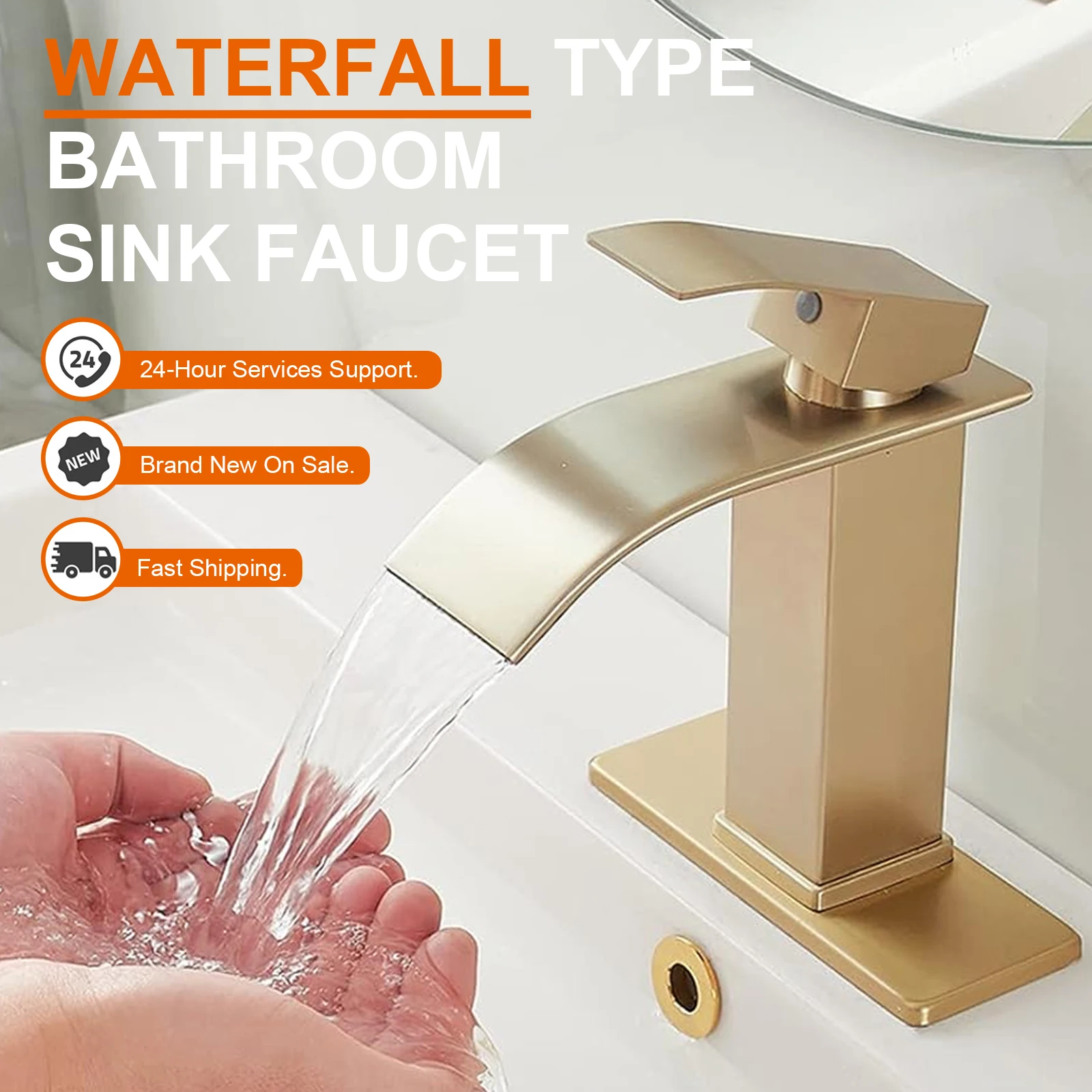 Waterfall Basin Faucet Brushed Gold/Matte Black 1 Hole Single Handle Modern Vanity Basin Hot& Cold Mixer Tap Commercail