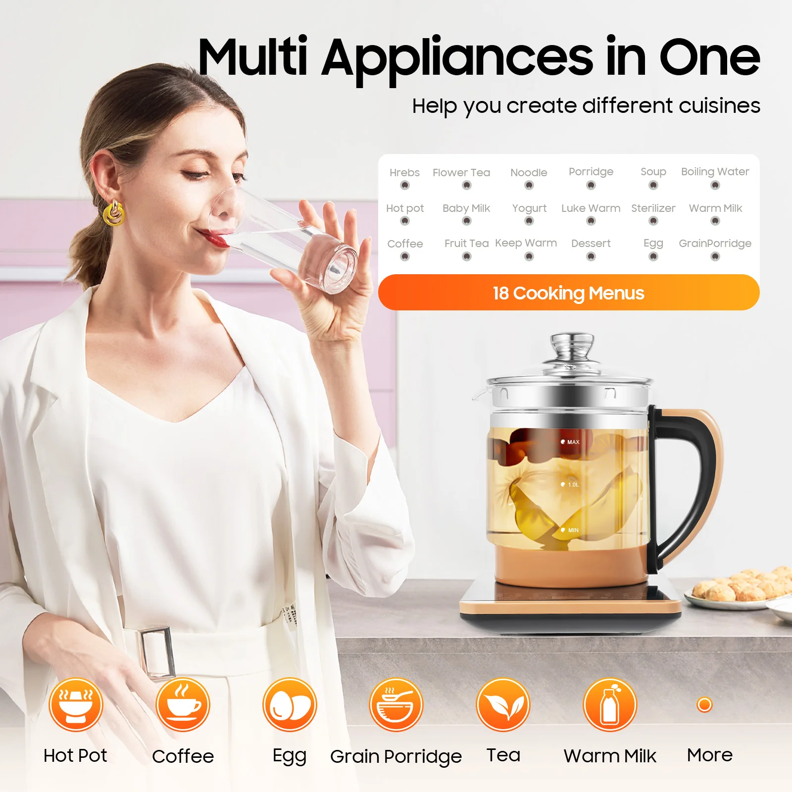 

800W 110V Electric Glass Kettle for Boiling Water, 1.8L Tea Making Facilities, 18 Smart Menu and Boil-Dry Protection