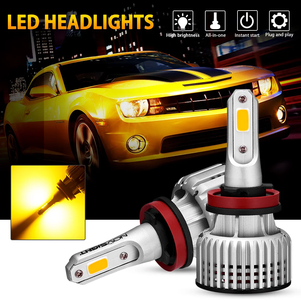 NOVSIGHT N12Y LED Headlight 3000K Yellow For Car H4 H1 H11 H3 H7 9005 9006 10000LM 72W LED Auto Headlamp Fog Light Bulbs