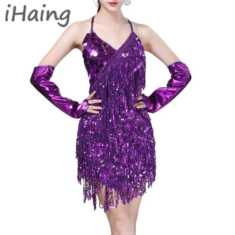 Women Sequins Latin Dance Dress with Gloves Adult Lady Sexy Tassel Fringe Salsa Ballroom Tango Cha Rumba Samba Dancewear