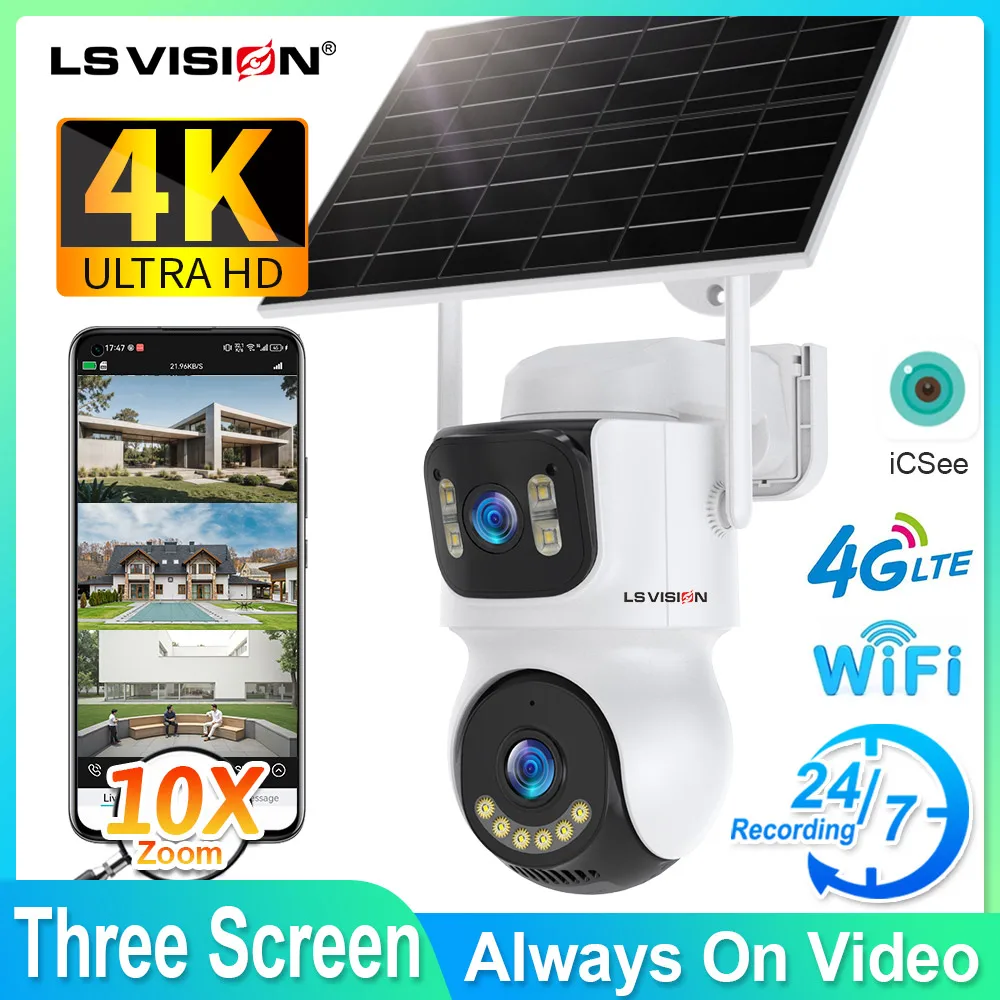 

LS VISION 4G Solar Camera Three Screen WIFI Outdoor AOV 10X Zoom Camera PTZ 9W Solar Powered Cameras Auto Tracking iCSee APP