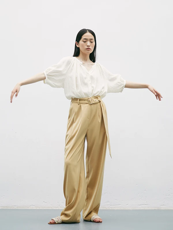 

White Color Woven Bubble Sve Top Independent CUISUYUN Autumn Collection Breathable Polyester Casual irt