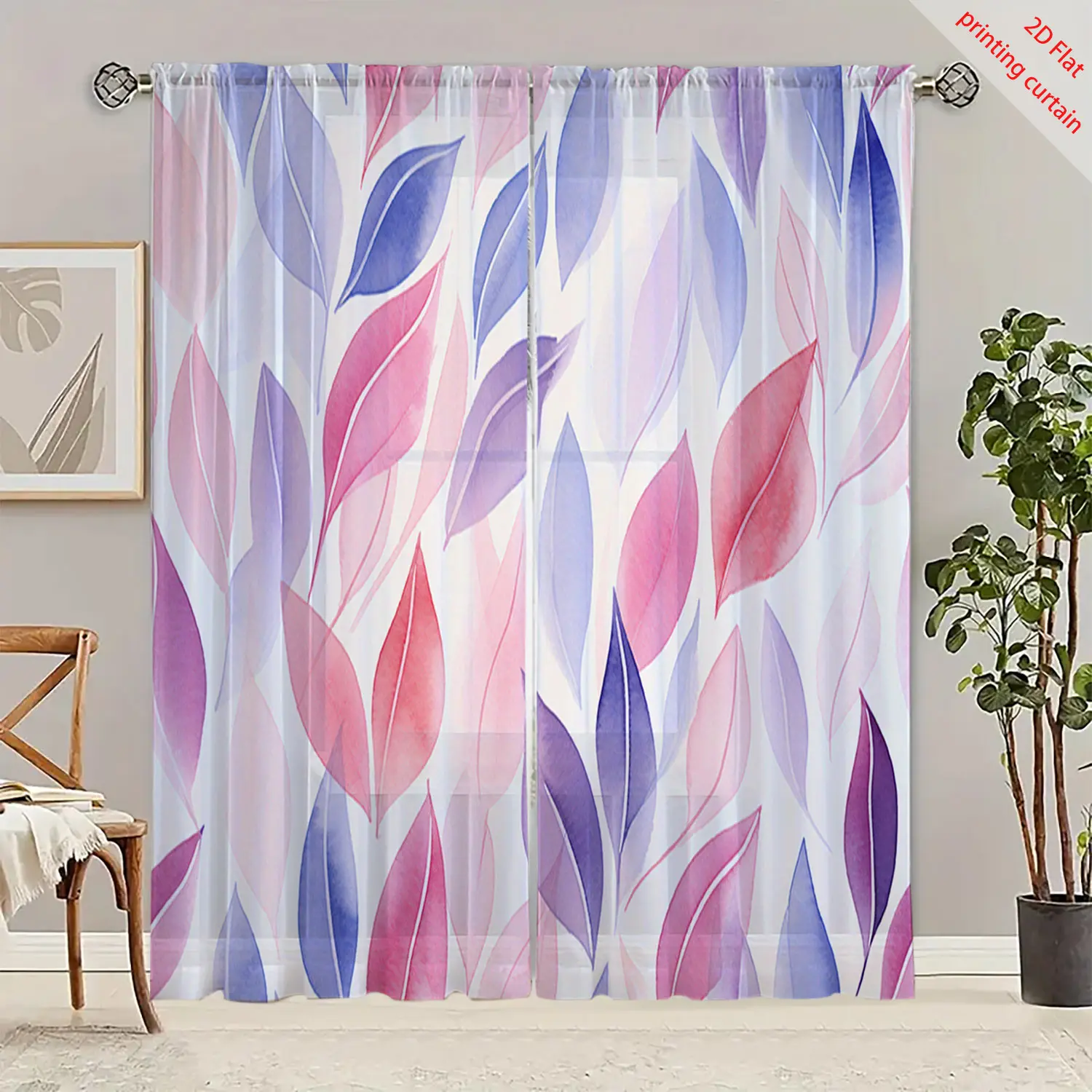 Leaf Printed Gauze Curtain Transparent Semi-Privacy Sheer Window Treatment for Office Bedroom Living Room Balcony Home Decor