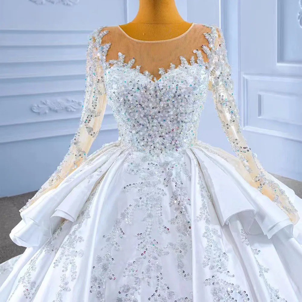 Wedding Dress O-Neck Long Sleeves Lace-Up Back Pearls Sequined Ball Gown Women's Elegant Bridal Gown - view 4