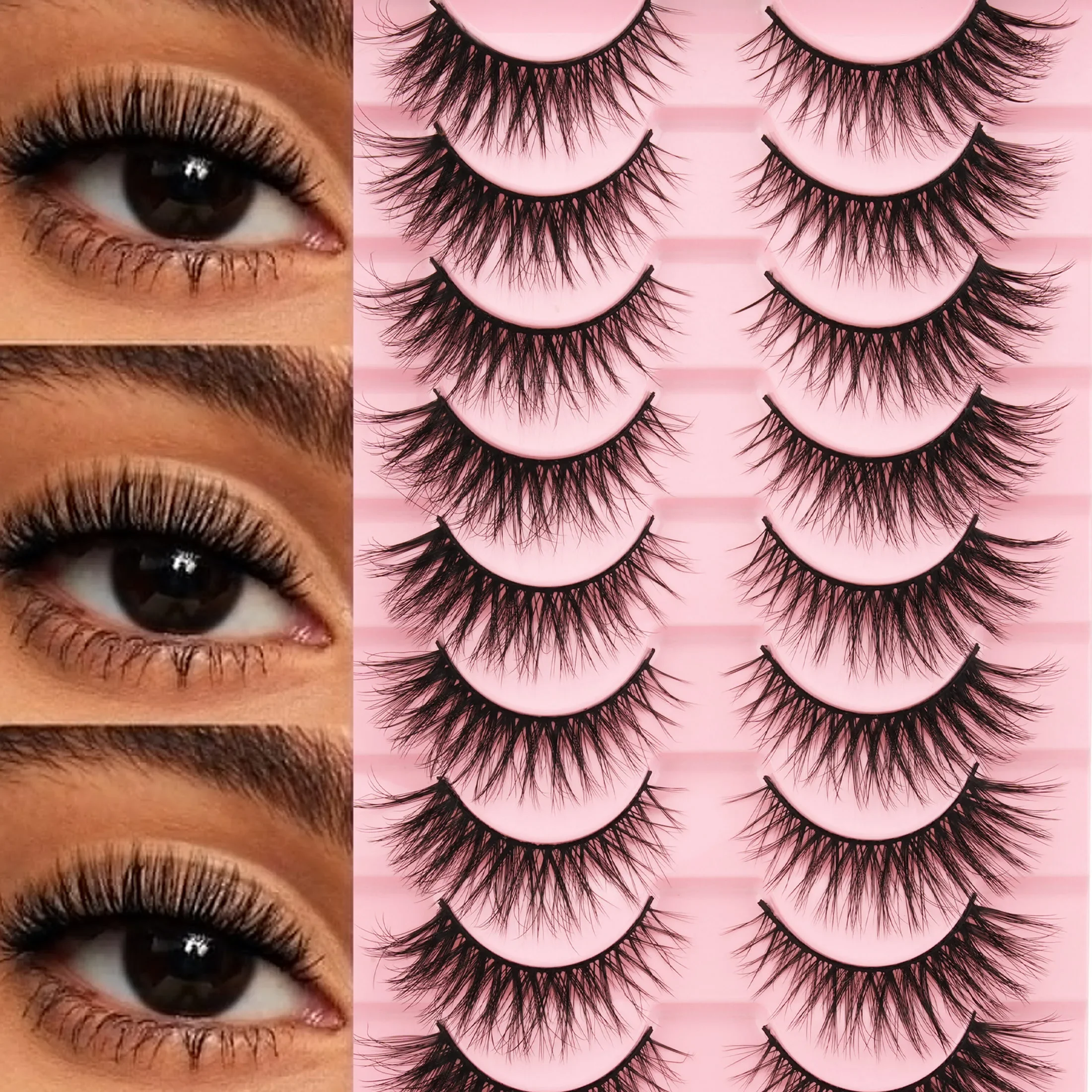 10 Pairs 3D Wispy Fluffy Strip Lashes Faux Mink Natural Voluminous Soft Reusable False Eyelashes Home & Salon Use