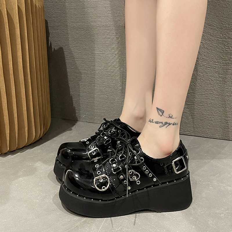 2024 New Rivet Chunky Platform Mary Janes Women Lace-Up Buckle Thick Bottom Flats Woman Japanese Style Punk Gothic Shoes Girls